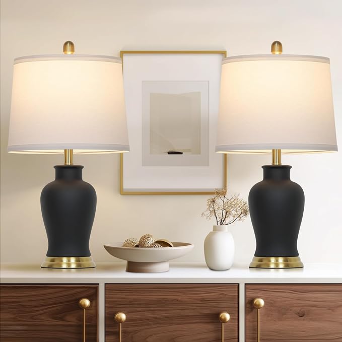 23" Modern Black Ceramic Table Lamps Set of 2, Farmhouse Table Lamps for Living Room, Classic Bedside Lamp with Ginger Jar Design, Elegant Bedroom Lamp for Night stand Desk Side End Table Home Decor