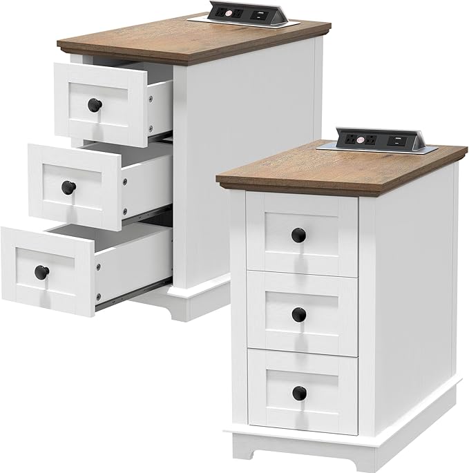 HIFYOBRO Narrow End Table Set of 2, 3 Drawers and Charging Station, Type-C & USB Port & Power outlets, Wooden End Table, Side Table with Storage for Living Room, Bedroom Nightstands