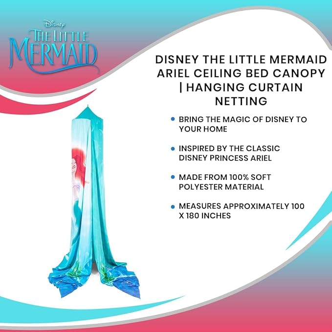 Ukonic Disney The Little Mermaid Ariel Kids Bed Canopy Curtains for Ceiling, Hanging Mosquito Netting Cover for Reading Nook, Sleeping Tent | Playroom Accessories, Home Decor Room Essentials