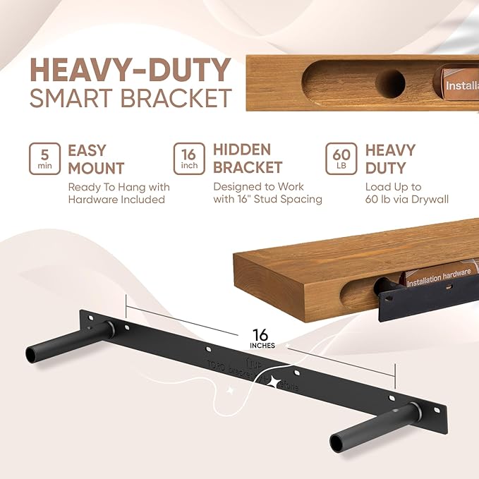 Homeforia 36 inch Golden Oak Floating Shelf, High End Solid Real Wood 36inch Small Floating Shelves for Wall Mounted, Oak Wooden 36in Floating Shelves, Heavy Duty Bracket, 36 X 6.5 X 1.75 in, Set of 2