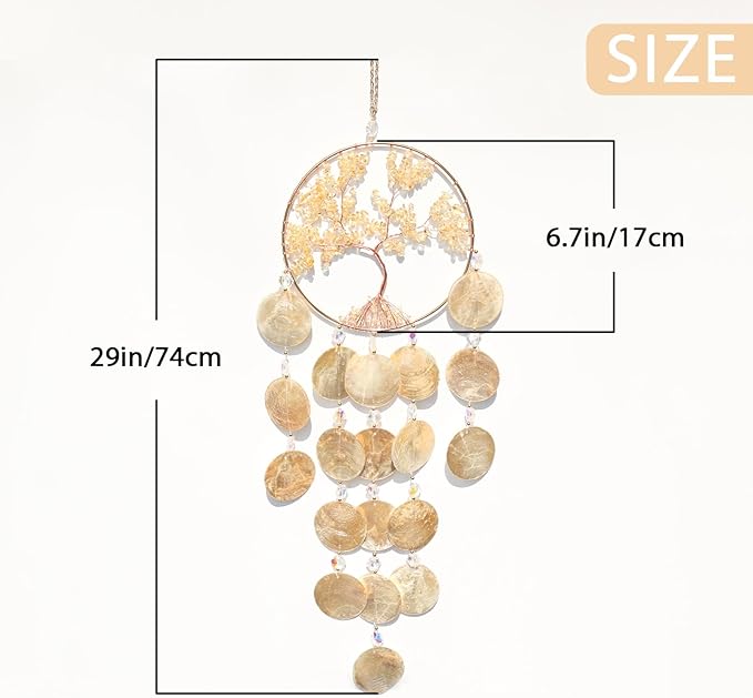 Pretty Jolly Gold Tree of Life Dream Catcher Wall Decor with Citrine Crystals Unique Capiz Wind Chimes Soothing Sound Waterfall Handmade Wall Hanging Home Decor for Bedroom Wedding Party Wish Gift