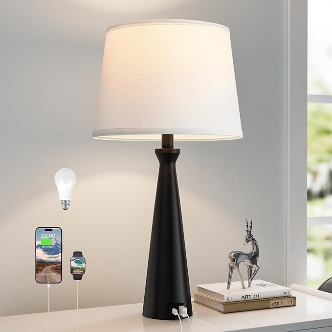 Seealle Single Modern Table Lamp - Touch Bedside Lamp for Nightstand with USB C+A,3-Way Dimmable Black Nightstand Lamp for Living Room Bedroom End Table(Bulb Included)