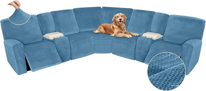 Arfntevss Sectional Recliner Couch Covers Velvet Washable Corner Sectional Sofa Cover for Reclining Couch Stretch Soft Thick L Shape Recliner Slipcover Set (5 Seat with 2 Console Cover, Light Blue)