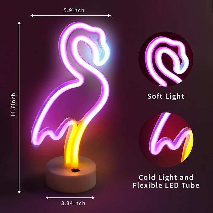 BRIGHTDECK 2 Pack Flamingo Neon Signs, LED Pink Flamingo Neon Sign Battery Operated or USB Powered Decoration Lamp, Flamingo Lights Decor for Bedroom, Wedding, Party, Pink Room Decor