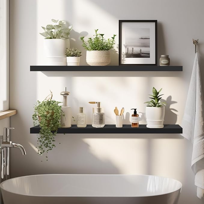 LaVie Home Floating Shelves, 36 Inch Wall Shelf Set of 2, Hanging Shelf with Invisible Brackets, Wall Decor for Bathroom, Bedroom, Living Room, Kitchen Storage, Classic Black