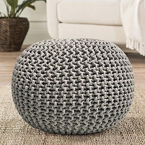 FRELISH DECOR Round Pouf Ottoman Hand Knitted 100% Cotton Pouf Foot Stool - Knitted Bean Bag -Floor Chair for Living Room Bedroom - Foot Rest for Couch (20 Diameter x 14 Height) - Light Grey