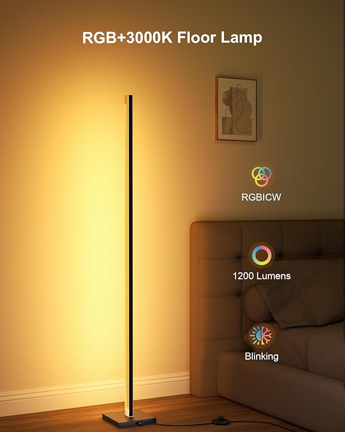 Aluminum Floor Lamp with Remote, Gold LED Corner Floor Lamp with Alexa, 3000K and RGB CCT Smart Corner Lamp with DIY Music Sync and 16 Million Colors, dimmable Standing Lamp for Bedroom Living Room