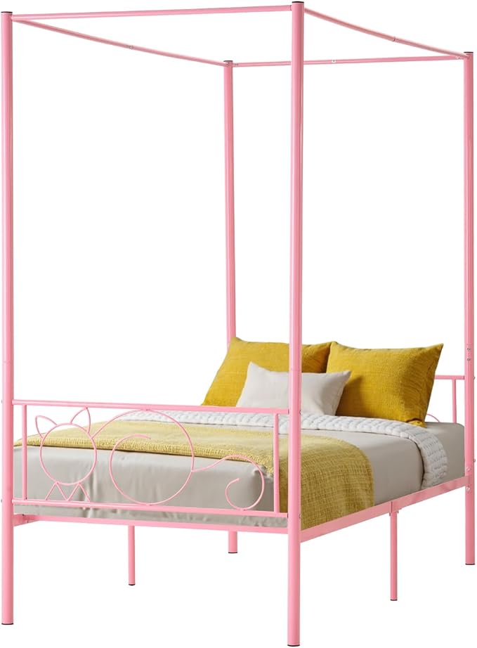 VEVOR Canopy Bed Frame Twin Size, Metal Canopy Bed with Minimalist Headboard & Four Posters Design, Heavy Duty Steel Slats Support, Underbed Storage Space, No Box Spring Needed, Easy Assembly, Pink