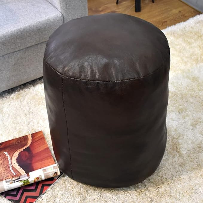 Round Shaped Goat Leather Handmade Eco-Friendly Chocolate Brown Pouf - 18" x 18" x 18", Plain Solid, Recycled Cotton Filled Stuffed, PF12