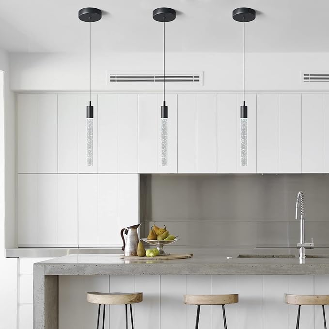 Modern Kitchen Island Pendant Light Dimmable LED Black Finish Mini Crystal Pendant Lighting Bedroom Bedside Table Small Pendant Lights（1-Pack）