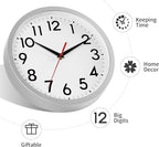 Wall Clock Modern Battery Operated 10 Inch Simpel Silent Non Ticking Decorative for Kitchen Office Outdoor Bedroom Living Room School Classroom(Silver)