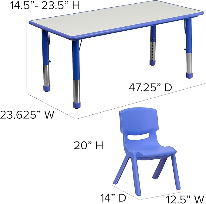 Flash Furniture Emmy Adjustable Classroom Activity Table with 6 Stackable Chairs, Plastic Activity Table for Kids, 23.625" W x 47.25" L, Blue/Gray
