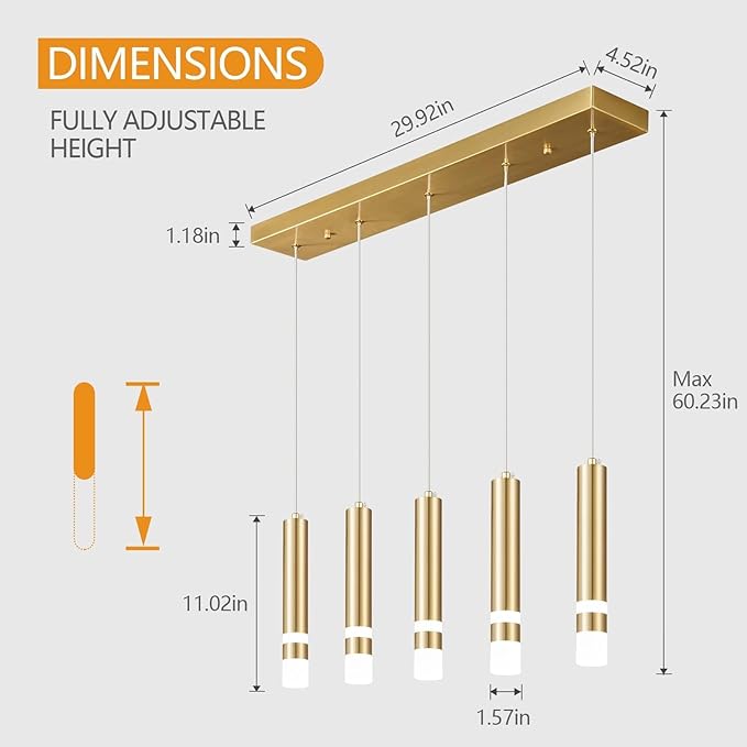 5-Light Dining Room Modern Pendant Light Kitchen Fixture Dimmable LED Gold Pendant Lighting fo Kitchen Island Study Pendant Lights