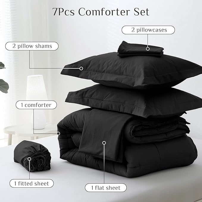 JOLLYVOGUE Oversized Queen Comforter Set, Ultra-Soft Bed in a Bag Oversized Queen Size 7 Pieces, Oeko-TEX Certified Bedding Set with Down Alternative Comforter, Sheets, Pillowcases & Shams, Black