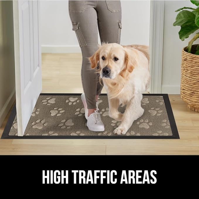 GORILLA GRIP 100% Waterproof All-Season WeatherMax Doormat 35x23, US Designed Natural Rubber, Stain and Fade Resistant, Low Profile Indoor Outdoor Door Mats, Easy Clean Patio Mat, Tan Pawprints
