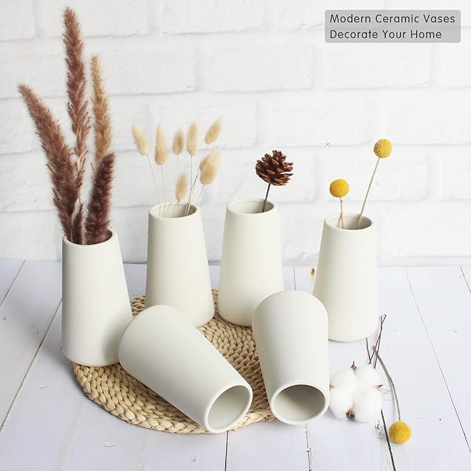 YANLING 6 Pack White Ceramic Vases for Home Decor, 6 Inch Modern Centerpieces for Pampas Grass, Table, Boho Flowers Decor