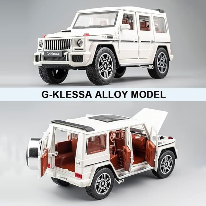 EROCK Exquisite Car Model Toy 1/24 Benz G63 Off-Road Model Car, Zinc Alloy Pull Back Toy Car with Sound and Light for Kids 4 Years Old Boys Girl Birthday Gift Children‘s Day Gift (White)
