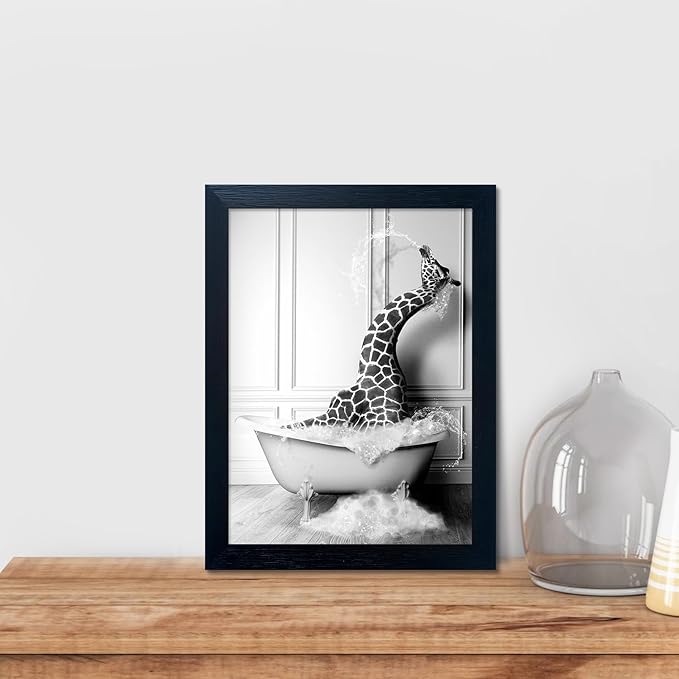 Black and White Bathroom Wall Decor Funny Giraffe in Bathtub Decor Framed Farmhouse Animal Canvas Wall Art Bathroom Artwork