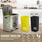 CAPHAUS Black Dual Trash Can w/Double Lid, Trash & Recycle Bins Combo, Hands-Free Stainless-Steel Garbage Can for Kitchen, with 2 Compartment, Hinged Lid, Odor Filters, Handles, 25L+25L, 2 x 6.6 Gal