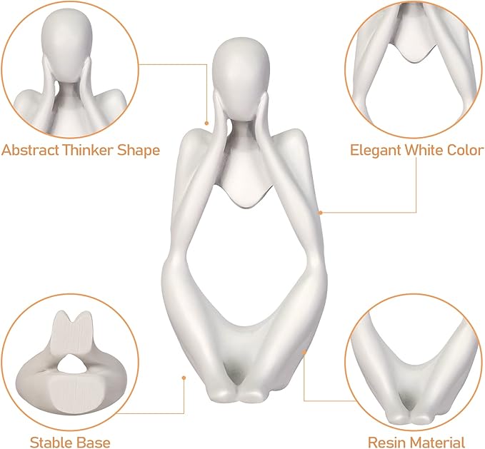 Sandstone Resin Thinker Style Abstract Sculpture Statue Collectible Figurines Home Office Bookshelf Desktop Decor (Small White, Focus)