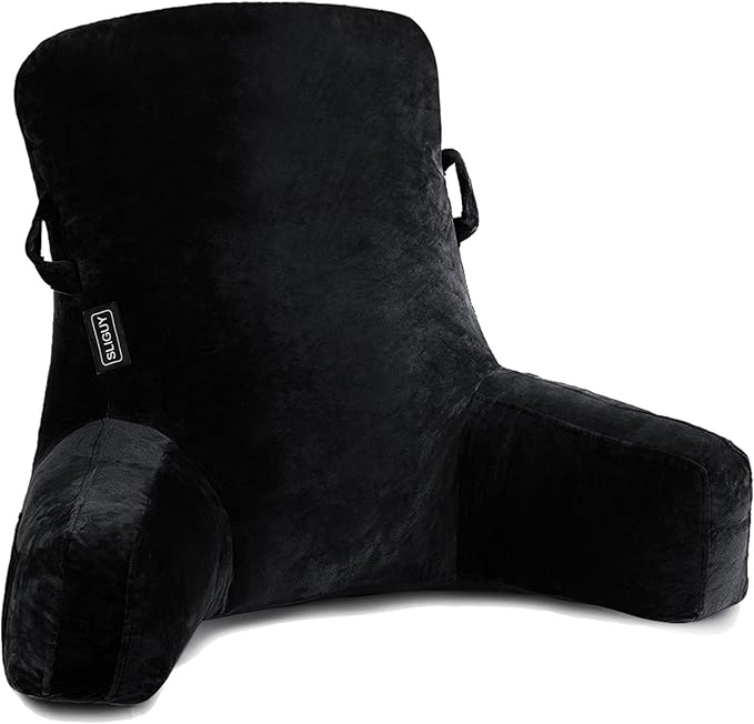 SLIGUY Reading Pillow Standard Bed Pillow for Sitting in Bed Couch or Floor-Backrest with Arms Support and Pockets, Adult Back Pillow Bed Chair for Bed Rest, Reading, Watching TV, Gaming, Black