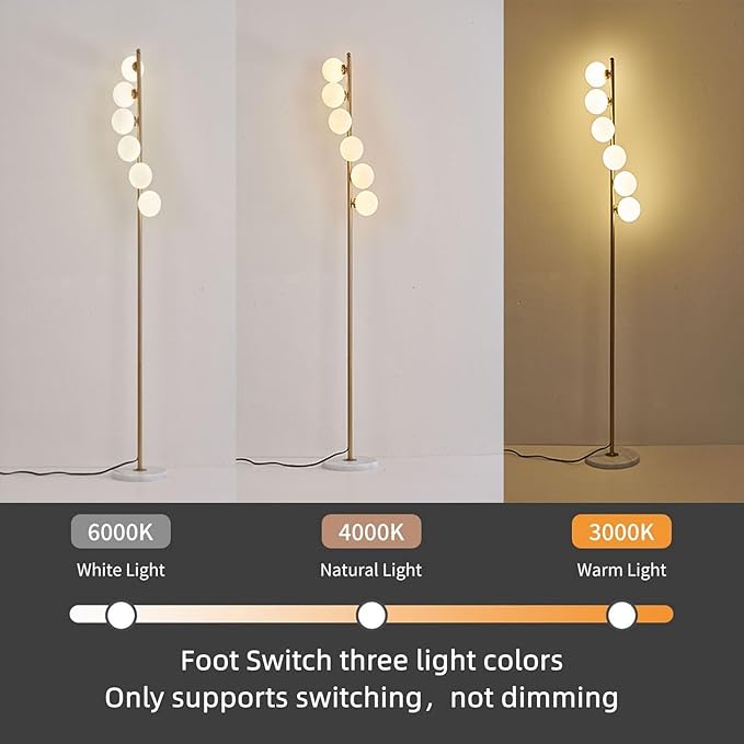NKU Mid Century Floor Lamp Unique Glass lamp with Foot Switch, Modern Standing Tall Lamp for Living Room 3 Color Temperatures 6 Globe Floor Lighting for Bedroom Office（Gold）