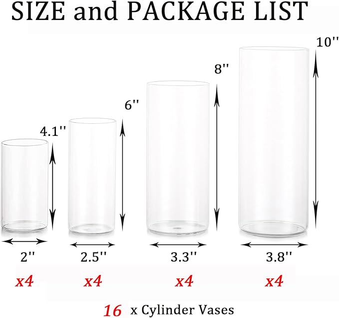 Glass Hurricane Candle Holder Esmiome - Cylinder Vases for Centerpieces 4 Sets (16Pcs) Hurricane Floating Candle Holder, Glass Vases for Flowers, Decorative for Home Wedding, 4''+6''+8'+10''(High)
