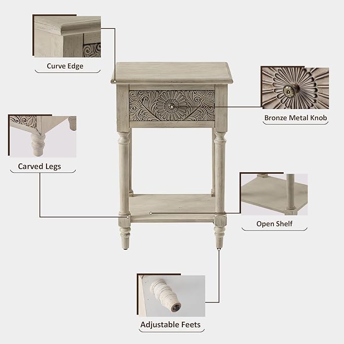 HOMPUS End Table Set of 2 with Drawer and Shelf, Vintage Nightstand Set 2 w Pattern Drawer, White Bedside Table, Accent Nightstand Organizer for Living Room, Bedroom, Easy to Assemble, Distress White