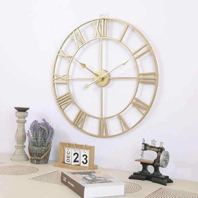 LEIKE Large Modern Wall Clocks,24" Gold Metal,Rustic,Round,Silent Non Ticking,Battery Operated Roman Numerals Clock for Living Room/Bedroom/Kitchen Wall Decor-(Gold, 60cm)