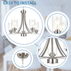 BONLICHT Traditional Chandelier Lighting 5 Light Brushed Nickel Modern Light Fixtures Hanging Pendant Lighting with Clear Glass Shade Classic Ceiling Lights for Kitchen Dining Room Living Room Island