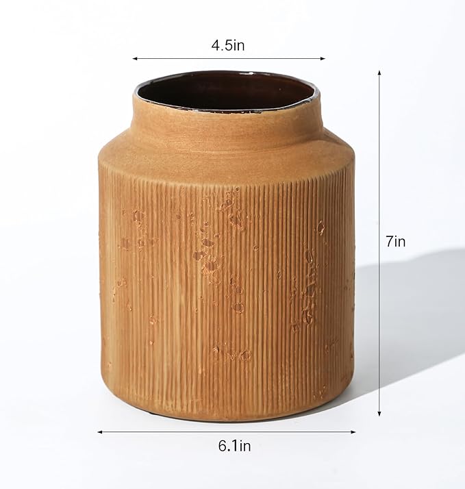 Farmhouse Vase for Home Decor, Vintage Rustic Terracotta Flower Vase Suitable for Home Decor, Living Room, Shelf, Dining Table. 7IN. Ochre