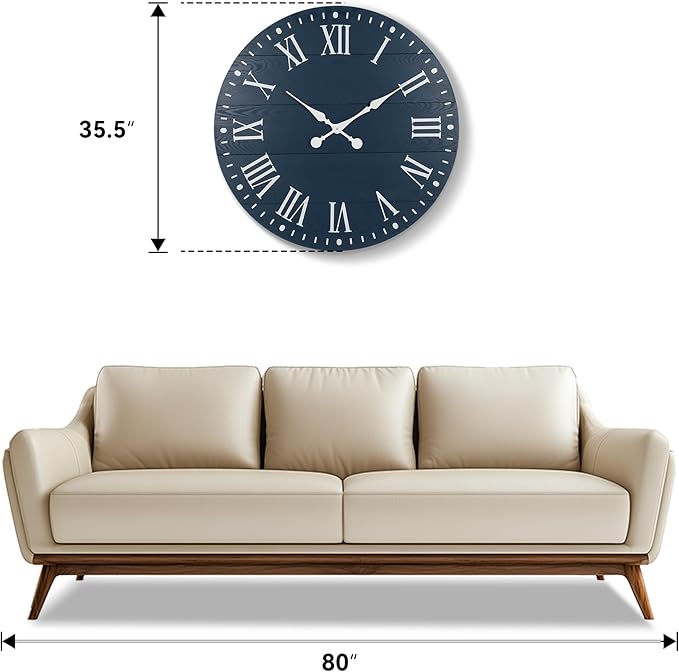 Large Wall Clock with Roman Numeral, 35” Shiplap Wall Clock Farmhouse Nearly Non-Ticking, Round Clock for Living Room Decor, Office, Bedroom, Entrance, Blue