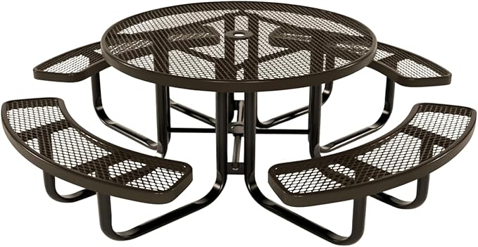 Coated Outdoor Furniture Heavy-Duty Portable Outdoor Kids Table with Umbrella Hole, Expanded Metal Kids Picnic Table, Commercial-Grade, Made in America (46 In, Round, Childrens, Textured Brown)