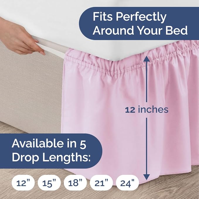 Wrap Around Dust Ruffle Bed Skirt - Light Pink - Twin/Twin XL Size Beds with 12 Inch Drop - Elastic Strap - Adjustable Pleated Bedskirt with Brushed Fabric and Wrinkle Free - Women, Men, Kids & Teens