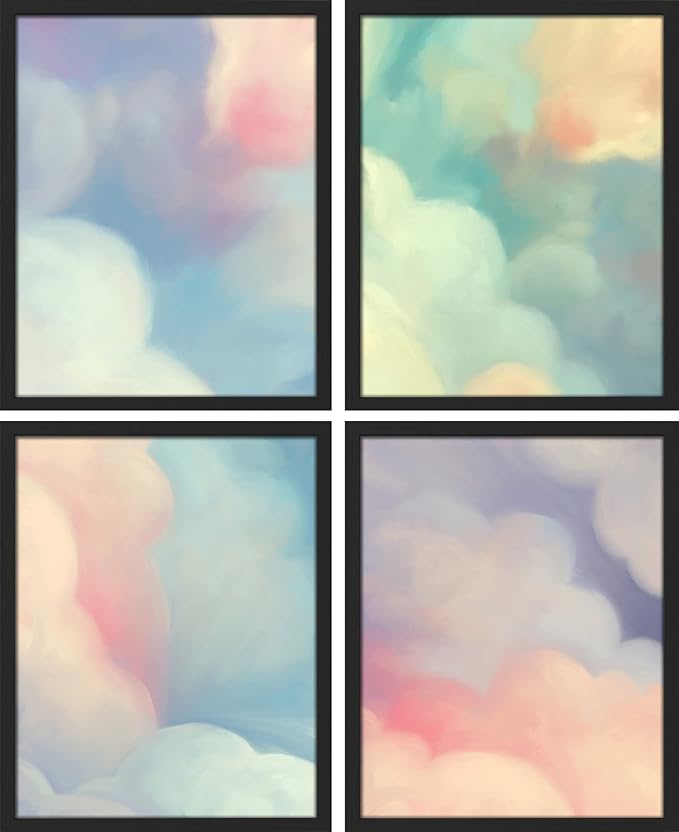 SIGNWIN Framed White Pastel Watercolor Rainbow Sky Clouds Wall Art, Set of 4 Abstract Geometric Wall Decor Prints, Nature Wilderness Wall Décor for Living Room, Bedroom - 11"x14" Black