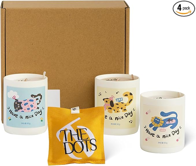 KRD Series Cute Scented Candles & Hanging Freshener Gift Set, 3 Ceramic Jar Candles with Pet Stickers + Ribbon Sachet, 4 Scents for Home & Car