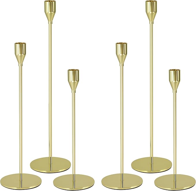 Gold Candlestick Holders,Set of 6 Gold Candle Candlestick Holder,Metal Candle Stick Holder Decor for Wedding, Dinning, Party,Fit 3/4" Thick Tapered or Led Candle