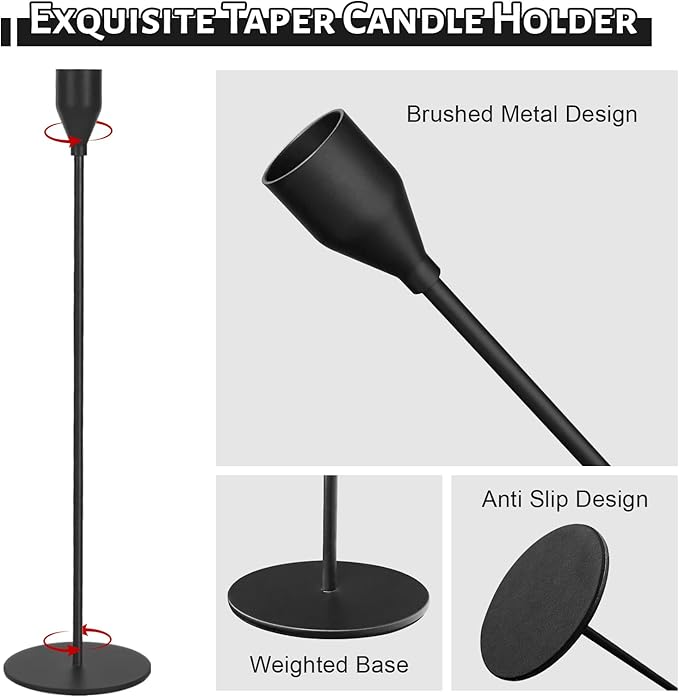 Taper Candle Holders, Set of 6 Candlestick Holders for Table Centerpieces, Weddings, Parties, Anniversaries and Home Decor, Elegant Candle Holders (Black)