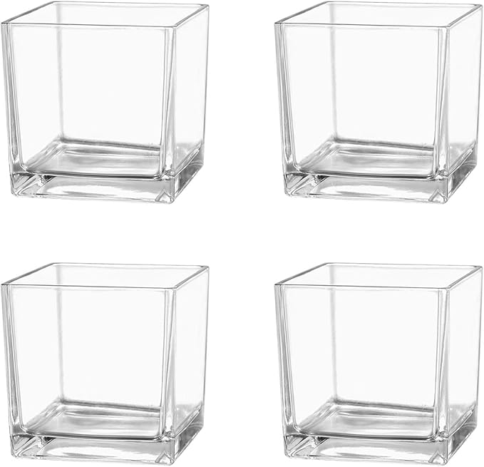 Square Glass Vases Set of 4, 4"x 4"x 4" Flower Vases for Centerpieces, Clear Glass Vase for Flowers, Small Vase for Wedding, Party, Home Office Decoration