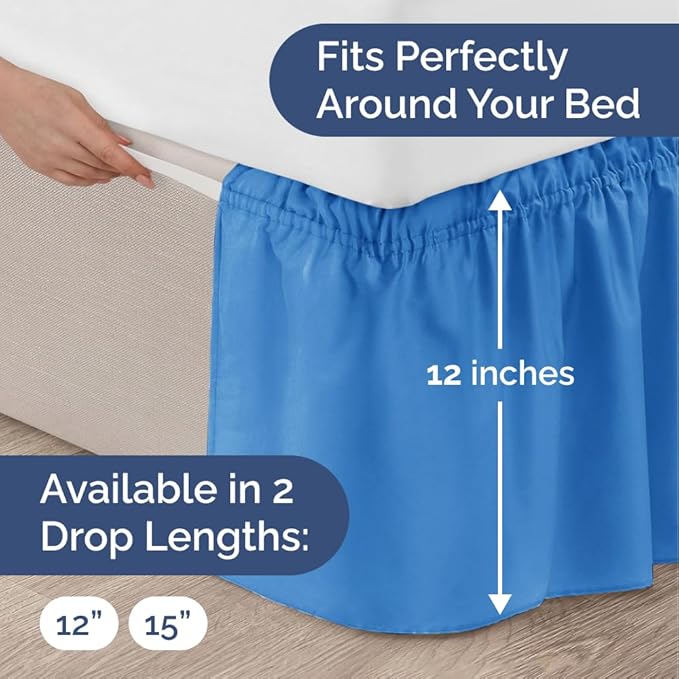 Wrap Around Dust Ruffle Bed Skirt - Royal Blue - for King Size Beds w/ 12 Inch Drop - Easy Fit Elastic Strap - Adjustable Pleated Bedskirt w/Brushed Fabric - Wrinkle Free, Women, Men, Kids & Teens