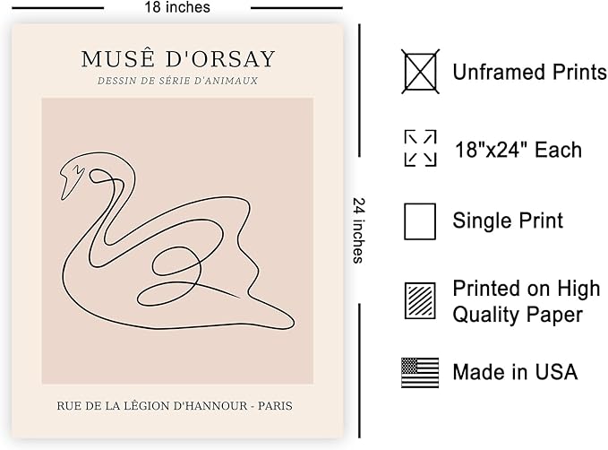 Poster Master Vintage Poster - Retro One Line Swan Drawing Print - Swan Art - Bird Art - Minimal Gift for Her, Animal Lover - Abstract Decor for Home, Office, Bedroom, 18x24 Unframed Wall Art