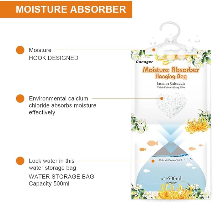 CANAGER Hanging Moisture Absorber, Jasmine Calendula Moistureproof Hanging Bag，Dehumidifier Bag (8 packs) Hanging Closet Dehumidifier Bags, Moisture Absorb 12.5 oz