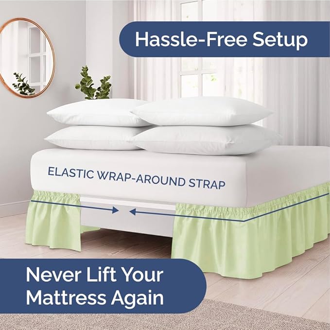Wrap Around Dust Ruffle Bed Skirt - Light Sage - for Queen Size Beds w/ 12 Inch Drop - Easy Fit Elastic Strap - Adjustable Pleated Bedskirt w/Brushed Fabric - Wrinkle Free, Women, Men, Kids & Teens