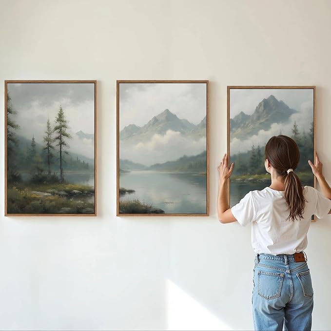 SIGNINART Large Green Forest Framed Canvas Wall Art Set, Misty Mountain Lake Scenery Wall Decor, Modern Foggy Wood Landscape Artwork, Oil Printing Style Nature Art Print for Living Room, Bedroom, Office 16 x24 x3