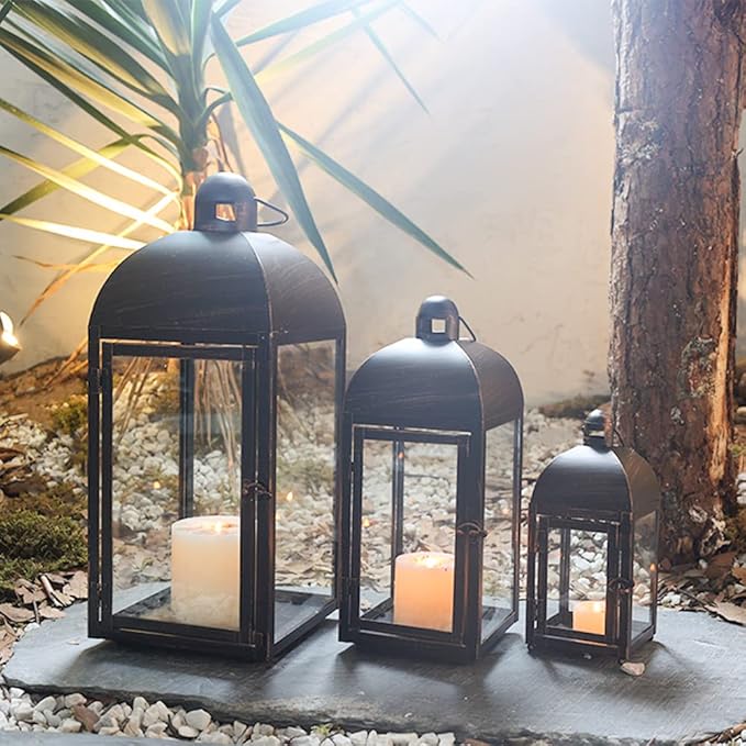 NEEDOMO Lanterns Decorative Outdoor & Indoor, Set of 3 Outdoor Lanterns for Porch, 23" Large Candle Lantern, Bronze Metal Frame with Glass, Vintage Farmhouse, Patio, Pathway, Garden, Fall, Christmas