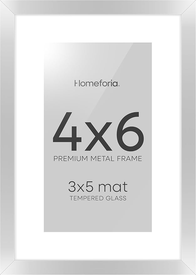 Homeforia 4x6 Picture Frame Silver, High End Metal 4 x 6 Silver Frames with Mat 3 x 5 Print, 4by6 Desk Frame Matted to 3x5 inch Photo, 4 by 6 Wall or Tabletop Frame, Tempered Glass, Wall Kit, Set of 1