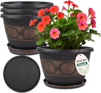 4 Pack 12 inch Plant Pots, Retro Pattern Planters with Drainage Holes and Saucer, Sturdy Plastic Garden Flower Pots for Indoor & Outdoor Plants