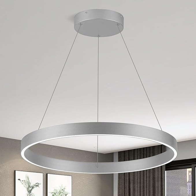 Room Decor Modern LED Chandelier 23.62'' Dimmable 1-Ring Chandelier 76W Circular Pendant Light for Dining Room Kitchen Island Bedroom, 6000K, Silver UL Listed