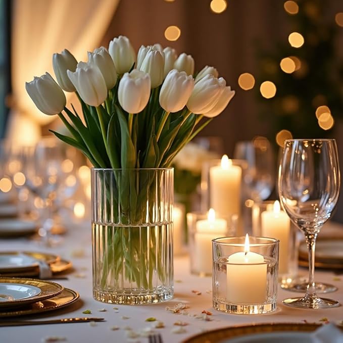 24-Pack Elegant Ribbed Glass Cylinder Vases Set for Weddings - 2 Sizes (6" & 4.7" Height) - Floating Candle Holders & Flower Centerpieces - Versatile Event Decor for Parties, Receptions & Home Decor