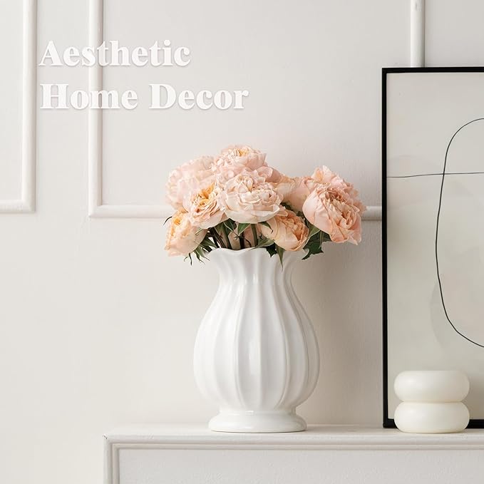 White Ceramic Vase, 7.6 Inch Flower Vase Home Decor Modern Decorative Vases for Bouquet, Unique Vases for Farmhouse Living Room Cabinet Table Centerpieces Wedding Decorations